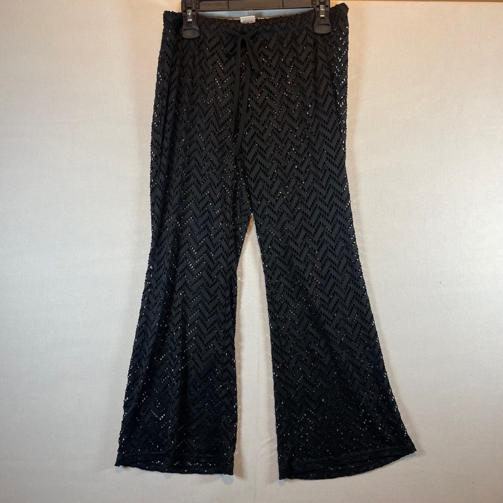 Waves To Coast Black Crochet Wide Leg Beach Cover Up‎ Pants Womens Large L - Picture 2 of 8